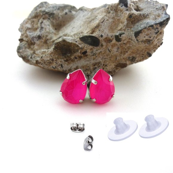 Electric Neon Pink Crystal Pear Shaped Earrings, Hot Summery Pink Teardrops Stud - Picture 3 of 3